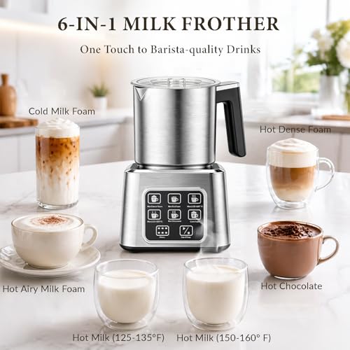 Electric Milk Frother and Steamer, 6-in-1 Automatic Milk Frother Machine with 500ml Milk Warmer, Hot & Cold Froth for Coffee, Latte & Hot Chocolate, Stainless Steel - My Kitchen Products