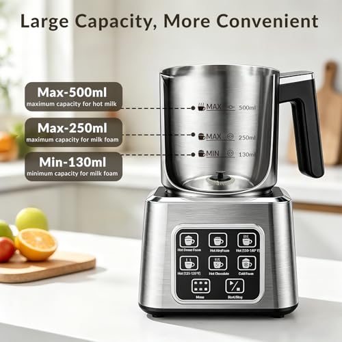 Electric Milk Frother and Steamer, 6-in-1 Automatic Milk Frother Machine with 500ml Milk Warmer, Hot & Cold Froth for Coffee, Latte & Hot Chocolate, Stainless Steel - My Kitchen Products
