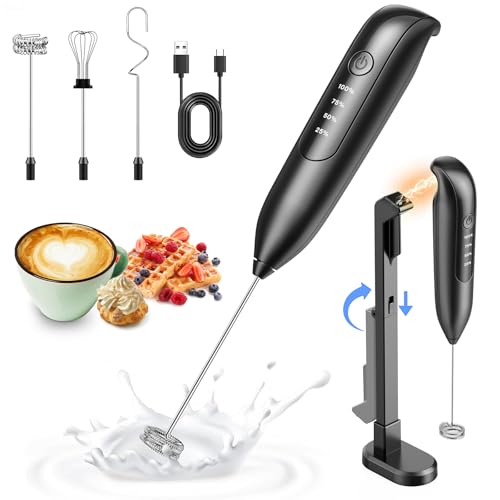Electric Milk Frother Handheld: coffee frother rechargeable 𝟑 𝐢𝐧 𝟏 - LED Display, Adjustable Wireless Charging - 3 Speeds, Stainless Steel Whisk for Latte, Cappuccino - Bright Black - My Kitchen Products