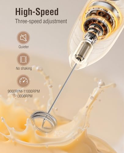 Electric Milk Frother Handheld: coffee frother rechargeable 𝟑 𝐢𝐧 𝟏 - LED Display, Adjustable Wireless Charging - 3 Speeds, Stainless Steel Whisk for Latte, Cappuccino - Bright Black - My Kitchen Products