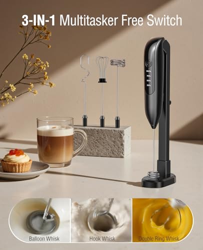 Electric Milk Frother Handheld: coffee frother rechargeable 𝟑 𝐢𝐧 𝟏 - LED Display, Adjustable Wireless Charging - 3 Speeds, Stainless Steel Whisk for Latte, Cappuccino - Bright Black - My Kitchen Products