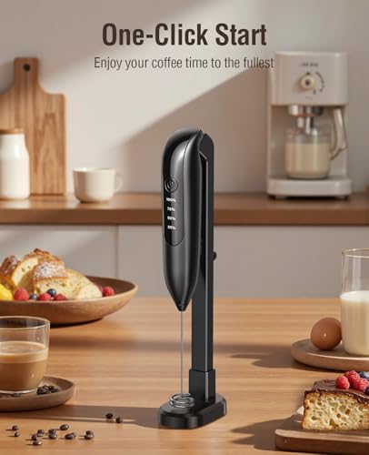 Electric Milk Frother Handheld: coffee frother rechargeable 𝟑 𝐢𝐧 𝟏 - LED Display, Adjustable Wireless Charging - 3 Speeds, Stainless Steel Whisk for Latte, Cappuccino - Bright Black - My Kitchen Products