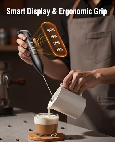 Electric Milk Frother Handheld: coffee frother rechargeable 𝟑 𝐢𝐧 𝟏 - LED Display, Adjustable Wireless Charging - 3 Speeds, Stainless Steel Whisk for Latte, Cappuccino - Bright Black - My Kitchen Products