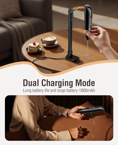 Electric Milk Frother Handheld: coffee frother rechargeable 𝟑 𝐢𝐧 𝟏 - LED Display, Adjustable Wireless Charging - 3 Speeds, Stainless Steel Whisk for Latte, Cappuccino - Bright Black - My Kitchen Products