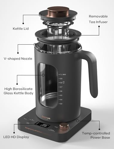Electric Tea Kettle, INTASTING Glass Electric Kettle with tea Infuser and Precise knob temperature control, 1200W Fast Heating, BPA-Free, Easy to Clean, 1 Liter (Dark Gray) - My Kitchen Products