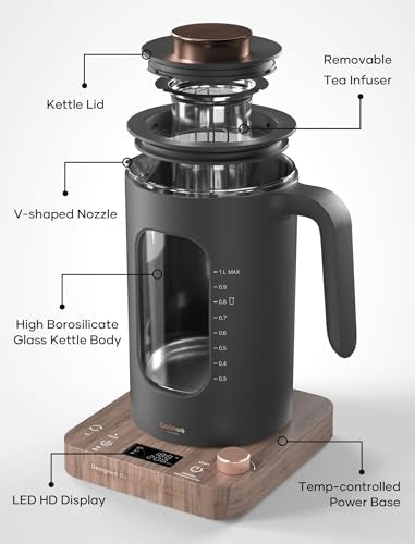 Electric Tea Kettle, INTASTING Glass Electric Kettle with tea Infuser and Precise knob temperature control, 1200W Fast Heating, BPA-Free, Easy to Clean, 1 Liter (Wood) - My Kitchen Products