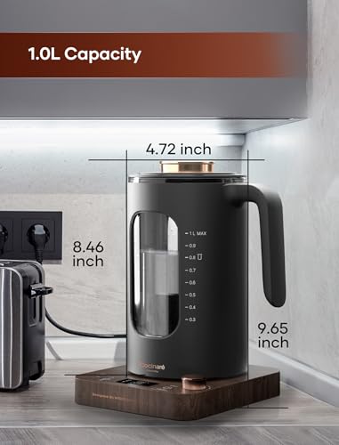 Electric Tea Kettle, INTASTING Glass Electric Kettle with tea Infuser and Precise knob temperature control, 1200W Fast Heating, BPA-Free, Easy to Clean, 1 Liter (Wood) - My Kitchen Products