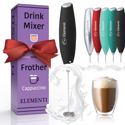 Elementi Drink Mixer Handheld - Electric Stirrer and Powerful Protein Powder Mixer Wand, Easy-to-Use Mini Frother Wand for Quick Delicious Cocktails, Milk Frother and Coffee Stirrers (Black) - My Kitchen Products