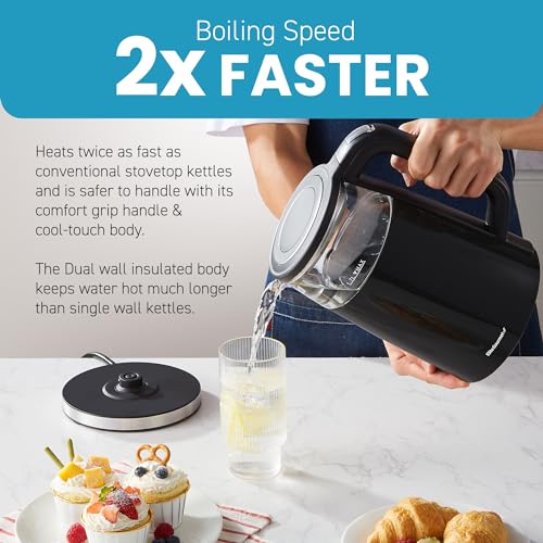 Elite Gourmet 1.7L Dual Wall Cool Touch Electric Tea Kettle, Borosilicate Glass, 304 Stainless Steel Interior, Programmed Digital Touchscreen, Keep Warm, Auto Off & Audible Indicator, Black - My Kitchen Products