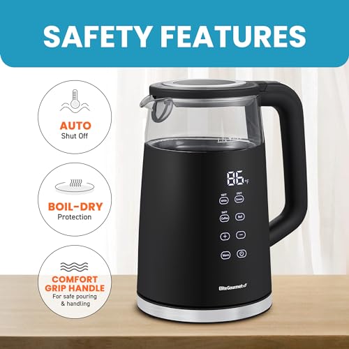 Elite Gourmet 1.7L Dual Wall Cool Touch Electric Tea Kettle, Borosilicate Glass, 304 Stainless Steel Interior, Programmed Digital Touchscreen, Keep Warm, Auto Off & Audible Indicator, Black - My Kitchen Products