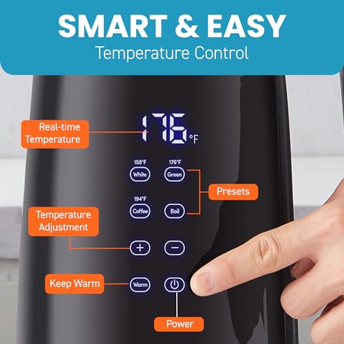 Elite Gourmet 1.7L Dual Wall Cool Touch Electric Tea Kettle, Borosilicate Glass, 304 Stainless Steel Interior, Programmed Digital Touchscreen, Keep Warm, Auto Off & Audible Indicator, Black - My Kitchen Products
