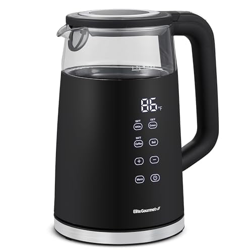 Elite Gourmet 1.7L Dual Wall Cool Touch Electric Tea Kettle, Borosilicate Glass, 304 Stainless Steel Interior, Programmed Digital Touchscreen, Keep Warm, Auto Off & Audible Indicator, Black - My Kitchen Products