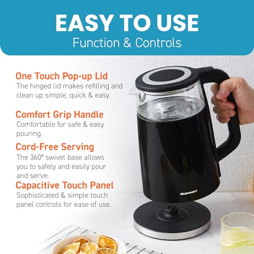 Elite Gourmet 1.7L Dual Wall Cool Touch Electric Tea Kettle, Borosilicate Glass, 304 Stainless Steel Interior, Programmed Digital Touchscreen, Keep Warm, Auto Off & Audible Indicator, Black - My Kitchen Products