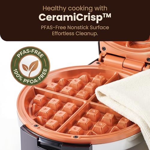 Elite Gourmet Belgian Waffle Maker with PFAS-Free CeramiCrisp™ Ceramic Nonstick Plates, Adjustable Browning Control, 1100W Heating, Power & Ready Indicator Lights, Vertical Storage, Stainless Steel - My Kitchen Products