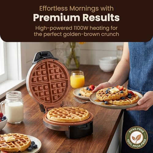 Elite Gourmet Belgian Waffle Maker with PFAS-Free CeramiCrisp™ Ceramic Nonstick Plates, Adjustable Browning Control, 1100W Heating, Power & Ready Indicator Lights, Vertical Storage, Stainless Steel - My Kitchen Products