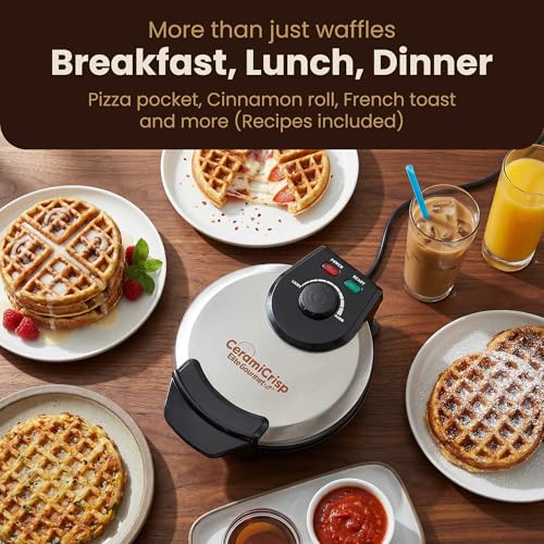 Elite Gourmet Belgian Waffle Maker with PFAS-Free CeramiCrisp™ Ceramic Nonstick Plates, Adjustable Browning Control, 1100W Heating, Power & Ready Indicator Lights, Vertical Storage, Stainless Steel - My Kitchen Products