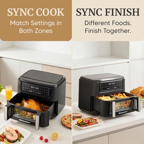 Elite Gourmet Dual Zone Air Fryer Oven 11QT, Dual Basket Air Fryer with Divider, Sync Finish & Sync Cook, PFAS Free Nonstick, 10 Presets, Air Fry Bake Roast Broil Toast Dehydrate, 1600W Black - My Kitchen Products