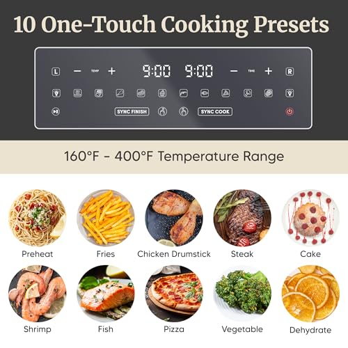 Elite Gourmet Dual Zone Air Fryer Oven 11QT, Dual Basket Air Fryer with Divider, Sync Finish & Sync Cook, PFAS Free Nonstick, 10 Presets, Air Fry Bake Roast Broil Toast Dehydrate, 1600W Black - My Kitchen Products