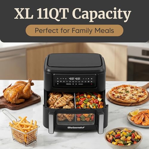 Elite Gourmet Dual Zone Air Fryer Oven 11QT, Dual Basket Air Fryer with Divider, Sync Finish & Sync Cook, PFAS Free Nonstick, 10 Presets, Air Fry Bake Roast Broil Toast Dehydrate, 1600W Black - My Kitchen Products