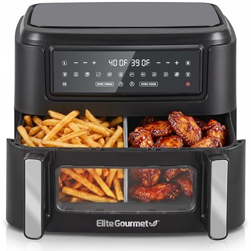 Elite Gourmet Dual Zone Air Fryer Oven 11QT, Dual Basket Air Fryer with Divider, Sync Finish & Sync Cook, PFAS Free Nonstick, 10 Presets, Air Fry Bake Roast Broil Toast Dehydrate, 1600W Black - My Kitchen Products