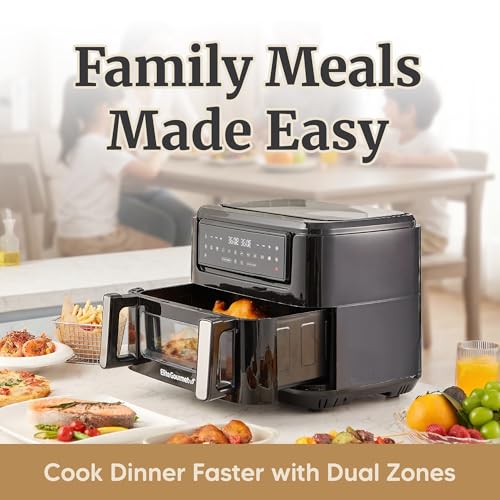 Elite Gourmet Dual Zone Air Fryer Oven 11QT, Dual Basket Air Fryer with Divider, Sync Finish & Sync Cook, PFAS Free Nonstick, 10 Presets, Air Fry Bake Roast Broil Toast Dehydrate, 1600W Black - My Kitchen Products
