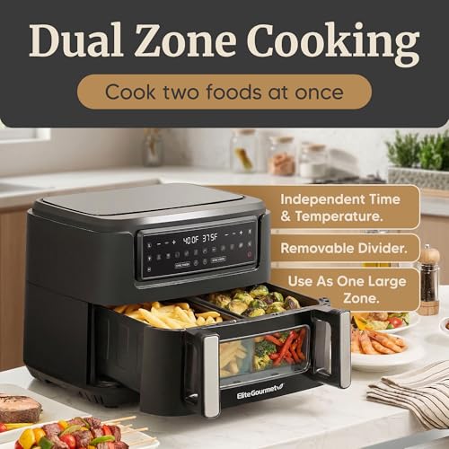 Elite Gourmet Dual Zone Air Fryer Oven 11QT, Dual Basket Air Fryer with Divider, Sync Finish & Sync Cook, PFAS Free Nonstick, 10 Presets, Air Fry Bake Roast Broil Toast Dehydrate, 1600W Black - My Kitchen Products