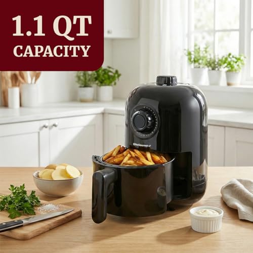 Elite Gourmet EAF-1121X Personal 1.1 Qt. Compact Space Saving Electric Hot Air Fryer Oil-Less Healthy Cooker, Timer & Temperature Controls, 1000W Black - My Kitchen Products