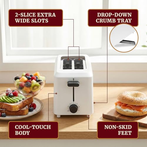 Elite Gourmet ECT-1027 Cool Touch Toaster, 7 Toast Settings Cancel Functions, Slide Out Crumb Tray, Extra Wide 1.5" Slots for Bagels Waffles Specialty Breads, Puff Pastry, Snacks, White - My Kitchen Products