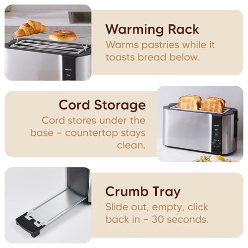 Elite Gourmet ECT-3100 4-Slice Long Slot Toaster | Extra Wide Slots for Bagels, Sourdough & Texas Toast | 6 Browning Settings | Reheat, Defrost & Cancel | Built-In Warming Rack | Stainless Steel - My Kitchen Products