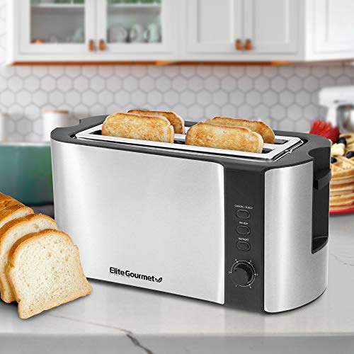 Elite Gourmet ECT-3100 4-Slice Long Slot Toaster | Extra Wide Slots for Bagels, Sourdough & Texas Toast | 6 Browning Settings | Reheat, Defrost & Cancel | Built-In Warming Rack | Stainless Steel - My Kitchen Products