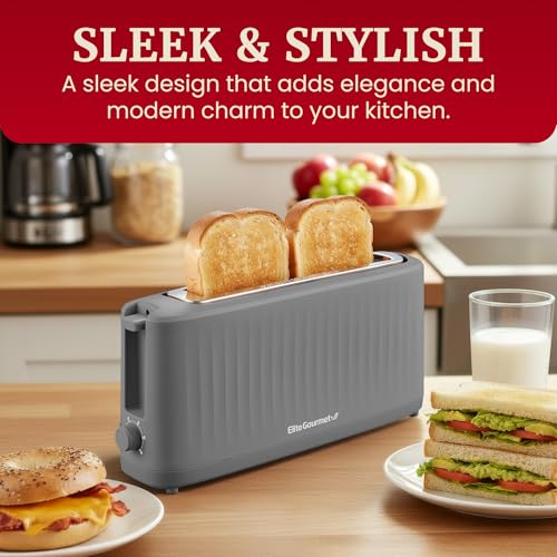 Elite Gourmet ECT2517G SLIMTOAST™ 2-Slice Long Slot Toaster, Cool-Touch Body, 6 Browning Shades, Extra-Wide 1.5" Slot for Artisan Bread, Bagels, Waffles & English Muffins, Grey - My Kitchen Products