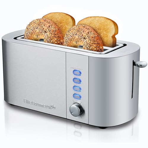 Elite Gourmet ECT4123 Long Slot 4 Slice Toaster, Extra Wide 1.5" and 5.1" Deep Slots, Bagel, Defrost & Cancel Functions, 6 Toast Shade Settings, Fits Bagels, Waffles, Artisan Breads, Stainless Steel - My Kitchen Products