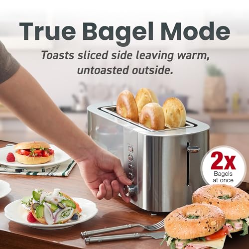 Elite Gourmet ECT4123 Long Slot 4 Slice Toaster, Extra Wide 1.5" and 5.1" Deep Slots, Bagel, Defrost & Cancel Functions, 6 Toast Shade Settings, Fits Bagels, Waffles, Artisan Breads, Stainless Steel - My Kitchen Products