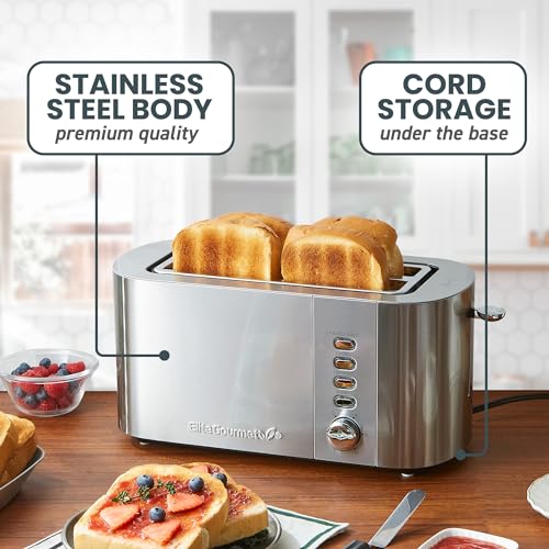 Elite Gourmet ECT4123 Long Slot 4 Slice Toaster, Extra Wide 1.5" and 5.1" Deep Slots, Bagel, Defrost & Cancel Functions, 6 Toast Shade Settings, Fits Bagels, Waffles, Artisan Breads, Stainless Steel - My Kitchen Products