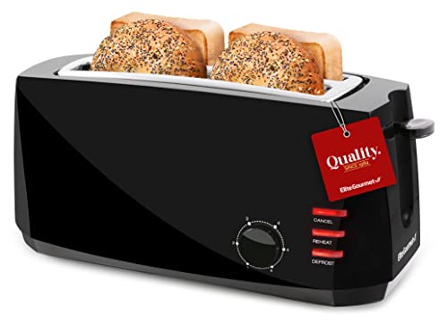 Elite Gourmet ECT4829B Long Slot 4 Slice Toaster, 6 Toast Settings Toaster Defrost, Reheat, Cancel Functions, Slide Out Crumb Tray, Extra Wide Slots for Bagels Waffles, Black - My Kitchen Products