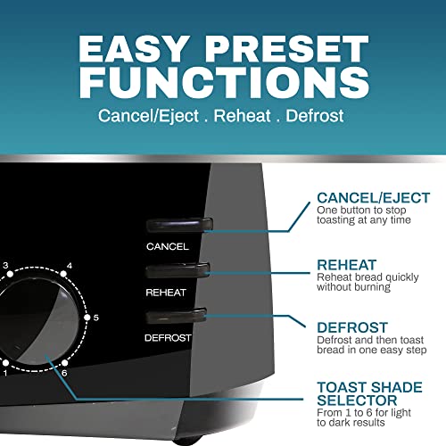 Elite Gourmet ECT4829B Long Slot 4 Slice Toaster, 6 Toast Settings Toaster Defrost, Reheat, Cancel Functions, Slide Out Crumb Tray, Extra Wide Slots for Bagels Waffles, Black - My Kitchen Products