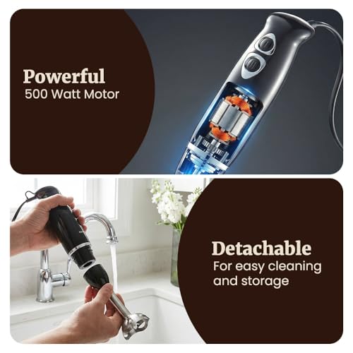 Elite Gourmet EHB1015 Immersion Hand Blender 500 Watts 2 Speed Mixing with Stainless Steel Blades, Detachable Wand Stick Mixer, Smoothies, Baby Food, Soup, Black - My Kitchen Products