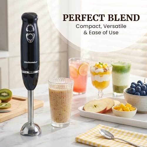 Elite Gourmet EHB1015 Immersion Hand Blender 500 Watts 2 Speed Mixing with Stainless Steel Blades, Detachable Wand Stick Mixer, Smoothies, Baby Food, Soup, Black - My Kitchen Products
