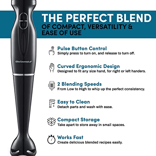 Elite Gourmet EHB3201 Immersion Hand Blender 300 Watts 2 Speed Mixing with Detachable Blades, Detachable Wand Stick Mixer, Smoothies, Baby Food, Soup, Charcoal Black - My Kitchen Products