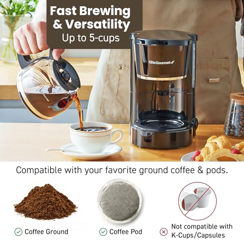Elite Gourmet EHC-5055 Automatic 5-Cup Brew & Drip Coffee Maker with Pause N Serve Reusable Filter, On/Off Switch, Water Level Indicator - My Kitchen Products