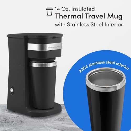 Elite Gourmet EHC111A Personal Single-Serve Compact Coffee Maker Brewer Includes 14Oz. Stainless Steel Interior Thermal Travel Mug, Compatible with Coffee Grounds, Reusable Filter, Black - My Kitchen Products