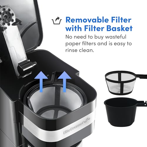Elite Gourmet EHC111A Personal Single-Serve Compact Coffee Maker Brewer Includes 14Oz. Stainless Steel Interior Thermal Travel Mug, Compatible with Coffee Grounds, Reusable Filter, Black - My Kitchen Products