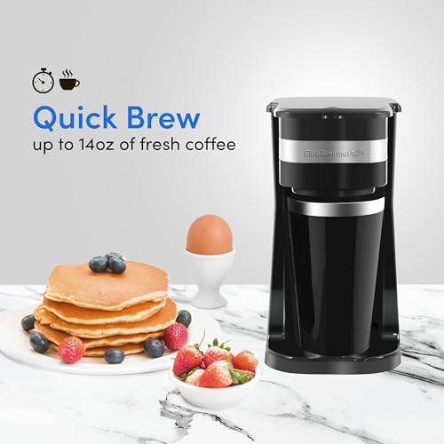 Elite Gourmet EHC111A Personal Single-Serve Compact Coffee Maker Brewer Includes 14Oz. Stainless Steel Interior Thermal Travel Mug, Compatible with Coffee Grounds, Reusable Filter, Black - My Kitchen Products