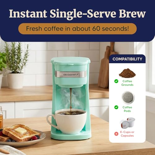 Elite Gourmet EHC113M Personal Single-Serve Compact Coffee Maker Brewer Includes 14Oz. Stainless Steel Interior Thermal Travel Mug, Compatible with Coffee Grounds, Reusable Filter, Mint - My Kitchen Products