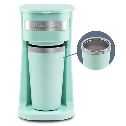 Elite Gourmet EHC113M Personal Single-Serve Compact Coffee Maker Brewer Includes 14Oz. Stainless Steel Interior Thermal Travel Mug, Compatible with Coffee Grounds, Reusable Filter, Mint - My Kitchen Products