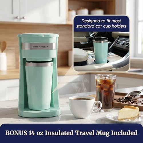 Elite Gourmet EHC113M Personal Single-Serve Compact Coffee Maker Brewer Includes 14Oz. Stainless Steel Interior Thermal Travel Mug, Compatible with Coffee Grounds, Reusable Filter, Mint - My Kitchen Products