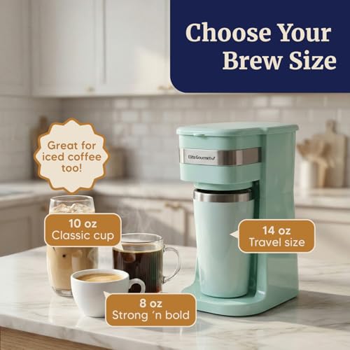 Elite Gourmet EHC113M Personal Single-Serve Compact Coffee Maker Brewer Includes 14Oz. Stainless Steel Interior Thermal Travel Mug, Compatible with Coffee Grounds, Reusable Filter, Mint - My Kitchen Products
