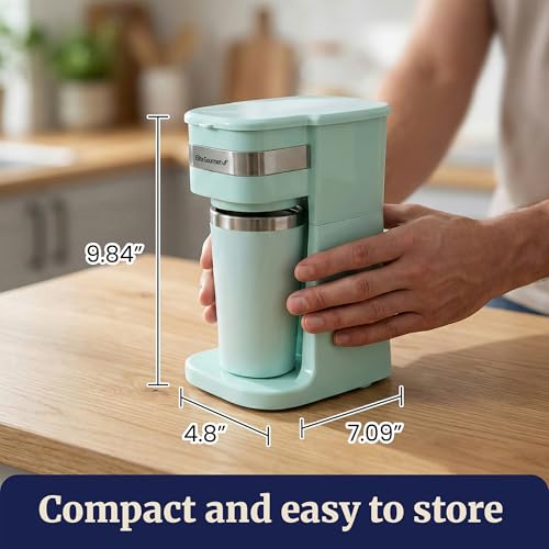Elite Gourmet EHC113M Personal Single-Serve Compact Coffee Maker Brewer Includes 14Oz. Stainless Steel Interior Thermal Travel Mug, Compatible with Coffee Grounds, Reusable Filter, Mint - My Kitchen Products