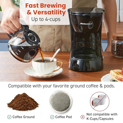 Elite Gourmet EHC4128 Automatic 4-Cup Brew & Drip Coffee Maker with Pause N Serve, Glass Carafe, Reusable Filter, On/Off Switch, Keep Warm, Water Level Indicator, Black - My Kitchen Products
