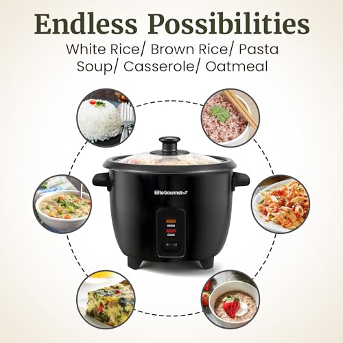 Elite Gourmet Electric Rice Cooker with Steam Tray and Non-Stick Inner Pot Makes Soups, Stews, Grains, Cereals, Keep Warm Feature, 6 Cups Cooked (3 Cups Uncooked), Black - My Kitchen Products